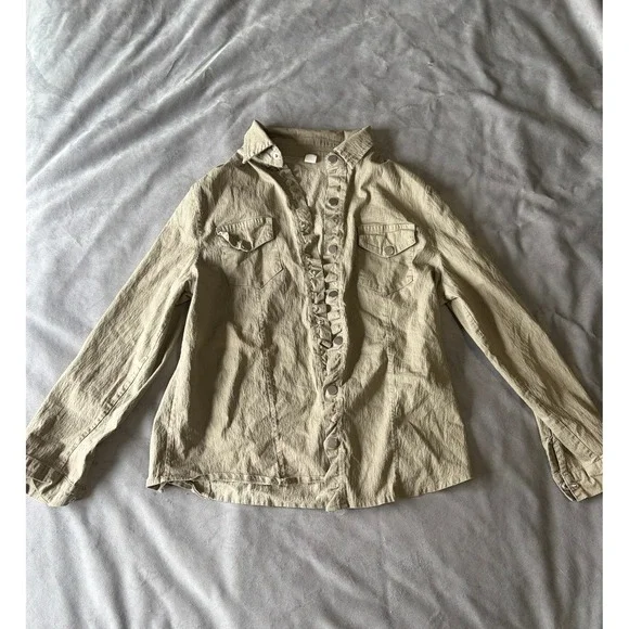 Jeans Brand Khaki Tan Crinkle Textured Button Down Shirt Utility Pockets XL Mens - Picture 1 of 3